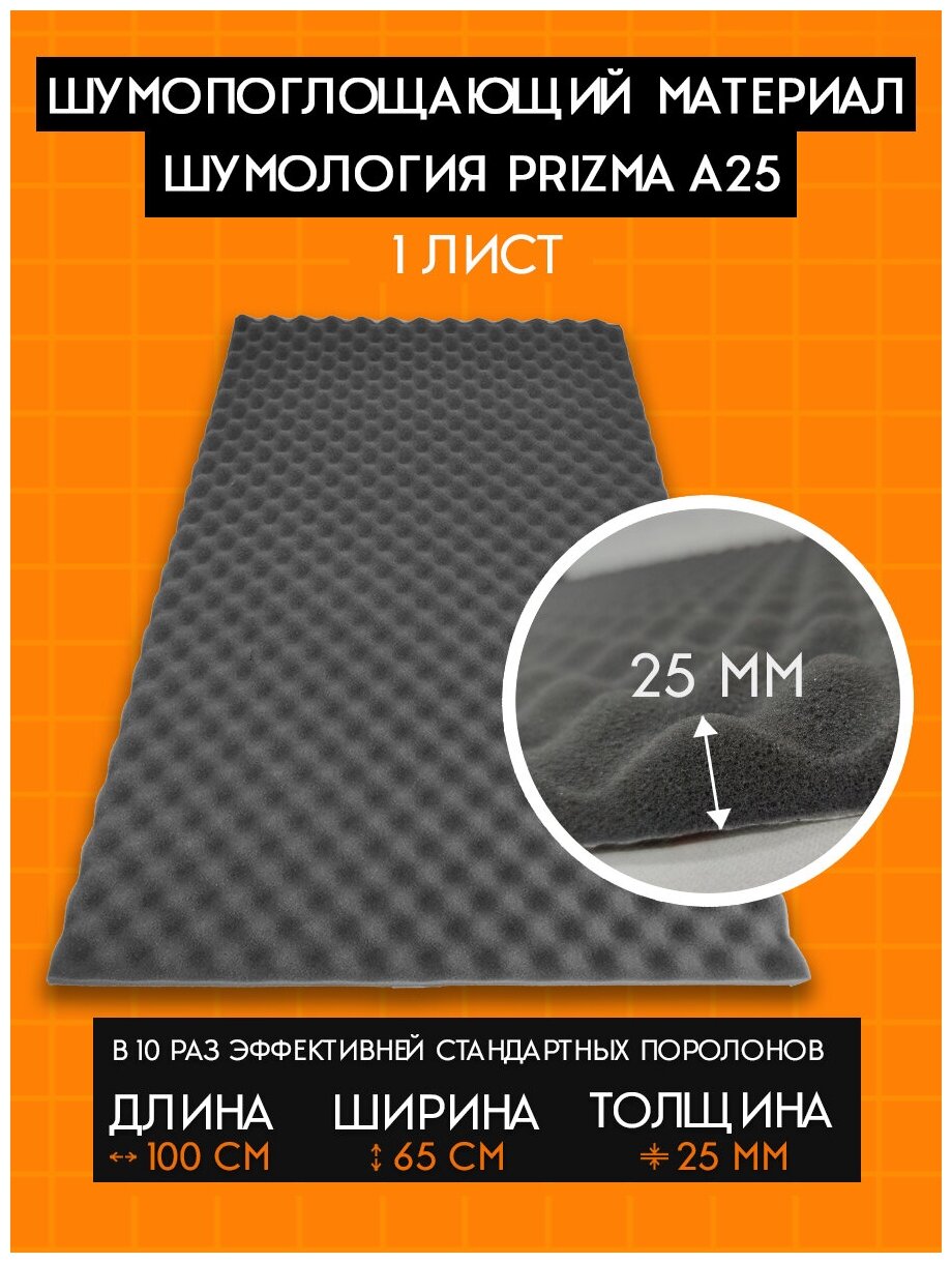 Шумопоглощающий материал Шумология Prizma A25 / Шумоизоляция для автомобиля дверей крыши арок. / Акустический поролон