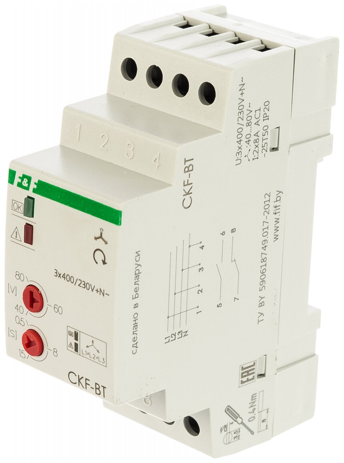 Реле контроля фаз Евроавтоматика F&F Реле контроля наличия и чередования фаз CKF-BT (монтаж на DIN-рейке 35мм; микропроцессорный; регулировка порога отключения и времени отключения; контроль верхнего и нижнего значений напряжения; 3х400/230+N 2х8А 1Z 1R IP20) F&F EA04.002.004