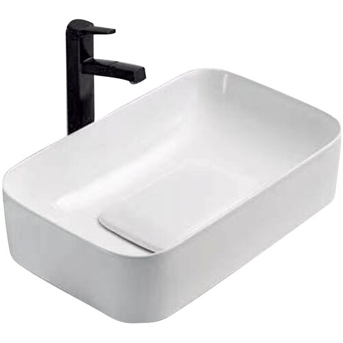 Раковина накладная в ванную, прямоугольная, белая, без перелива, с керамической накладкой на сливное отверстие
