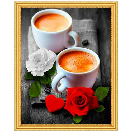 Алмазная мозаика на подрамнике 40x50 см / Алмазная вышивка / полная выкладка / круглые стразы / Чашка кофе и розы
