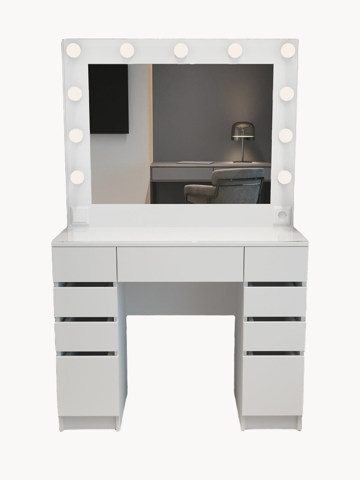 Туалетный столик с зеркалом и подсветкой, гримерный стол с 9 ящиками без ручек