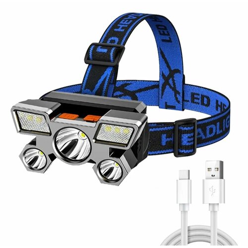 Налобный фонарь сверхяркий мощный светодиодный спортивный бытовой USB аккумуляторный с 4 режимами работы для охоты рыбалки туризма и кемпинга цвет синий