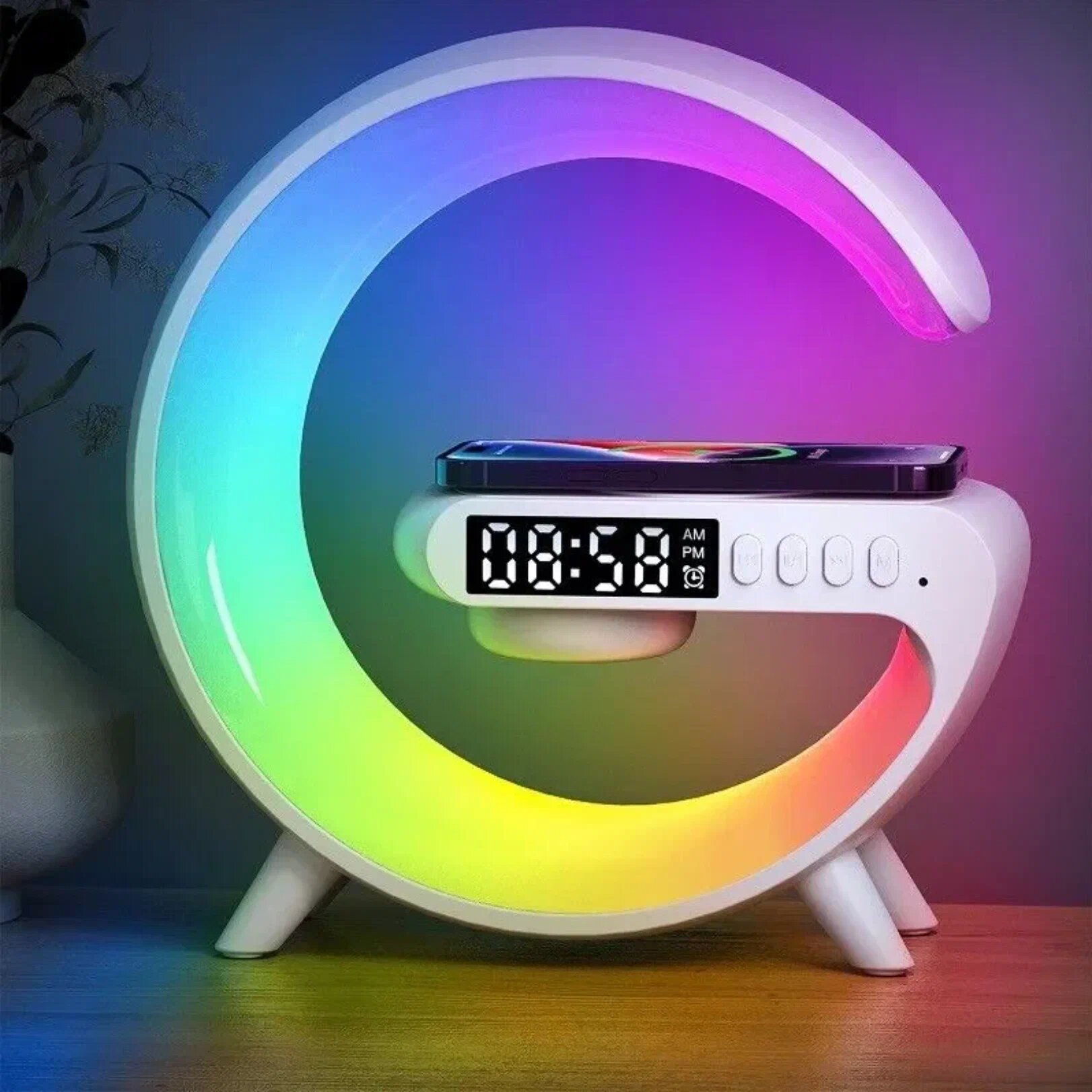 Стильный RGB Ночник с беспроводной зарядкой и Bluetooth колонкой белый