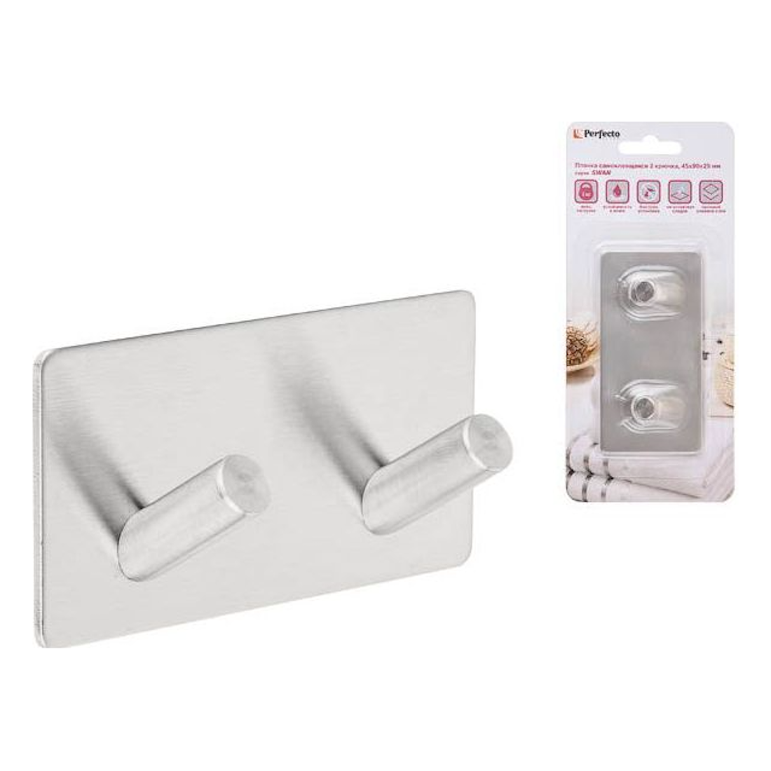 Крючок самоклеющийся для ванной двойной PERFECTO LINEA Swan блистер (35-008001)