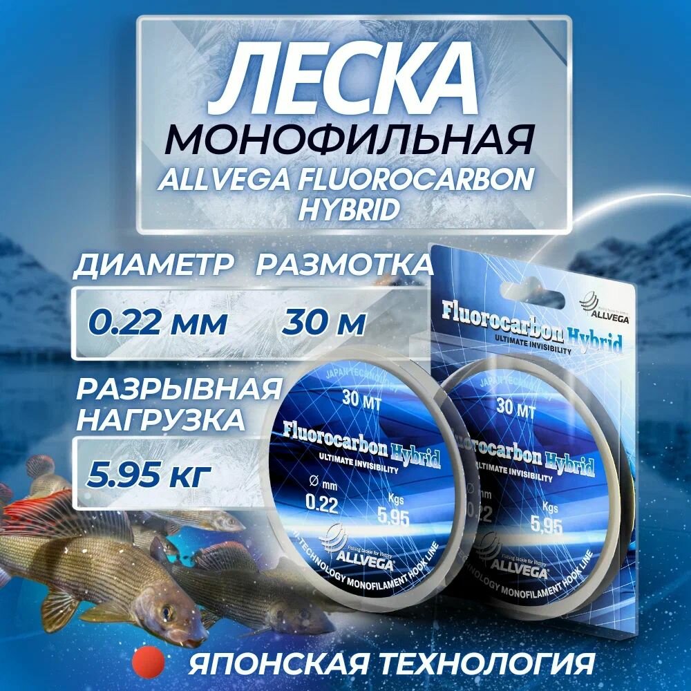 Леска монофильная ALLVEGA "Fluorocarbon Hybrid" 30м 0,22мм (5,95кг) флюорокарбон 65%