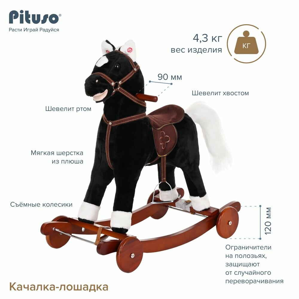 Качалка детская, лошадка каталка Pituso 2 в 1, кнопка ржания и цокота, качание хвоста, открывает рот, цвет черный — фото 1