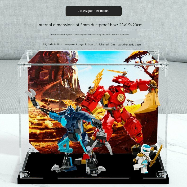 Прозрачная акриловая коробка для LEGO 71808 Kai's Fire Elemental Mech, черная подставка, 25x15x20 см, толщина 3 мм