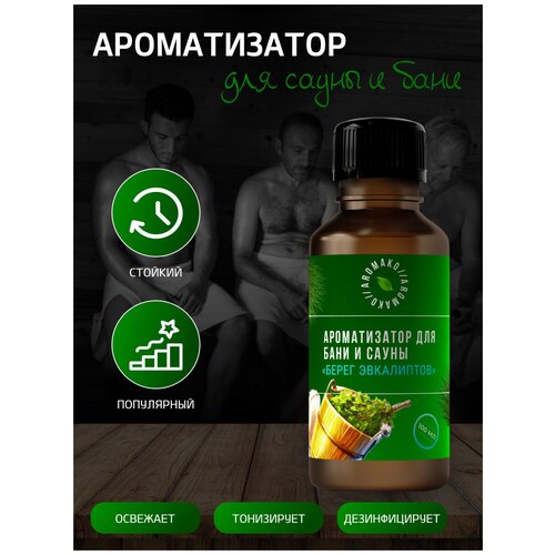 Ароматизатор для бани и сауны с эфирными маслами Берег эвкалиптов AROMAKO 100 мл, банный ароматизатор с эфирным маслом