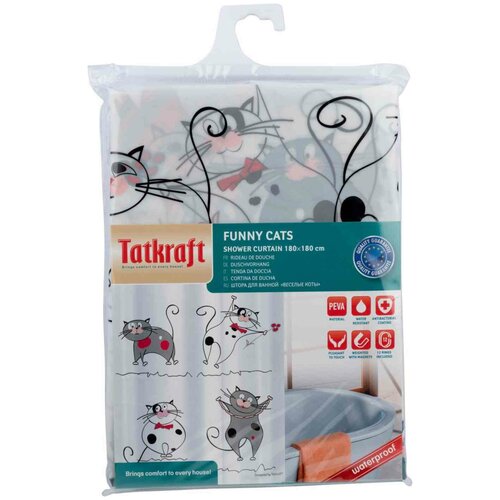 Tatkraft FUNNY CATS Штора для ванной комнаты, водонепроницаемый материал PEVA, с кольцами (12 шт)
