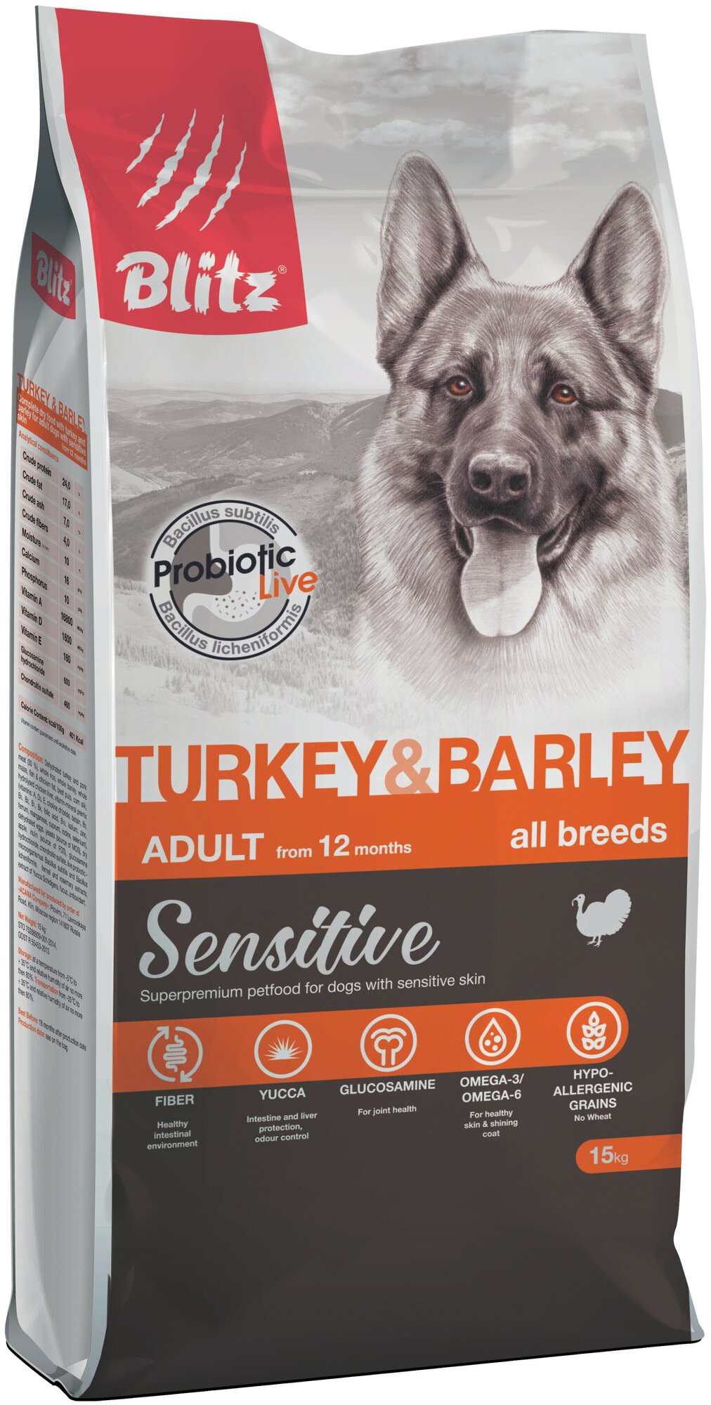 BLITZ SENSITIVE ADULT ALL BREEDS TURKEY & BARLEY для взрослых собак всех пород с индейкой и ячменем (15 кг)