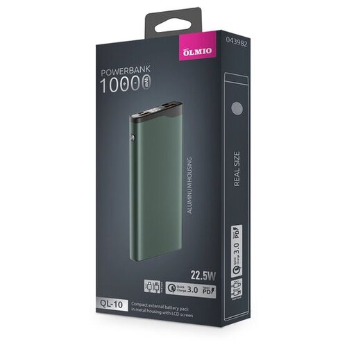 Внешний OLMIO АКБ QL-10, 10000mAh, 22.5W, QuickCharge3.0/PowerDelivery, LCD, серый