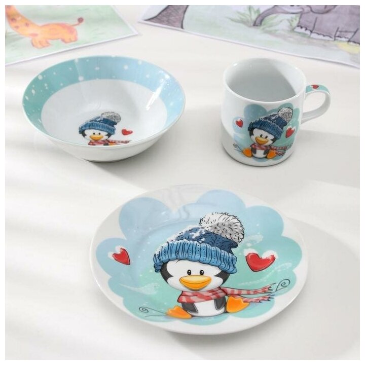 Набор детской посуды Доляна "Пингвиненок", 3 предмета: кружка 230 мл, миска 400 мл, тарелка 18 см