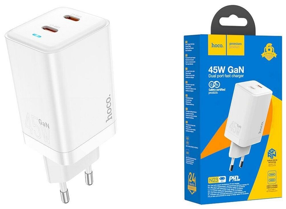 СЗУ, 2 PD 45W (N23), HOCO, Безопасный сертификат, белый