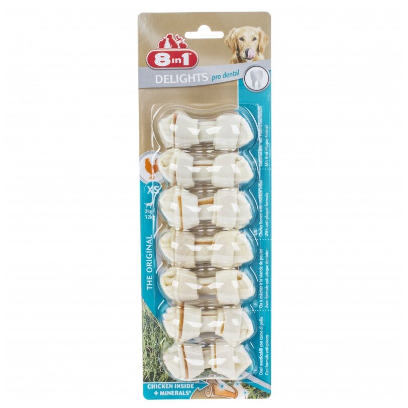 Лакомство 8in1 для взрослых собак Dental Delights XS косточки с куриным мясом для мелких собак с минералами, курица - фото №2