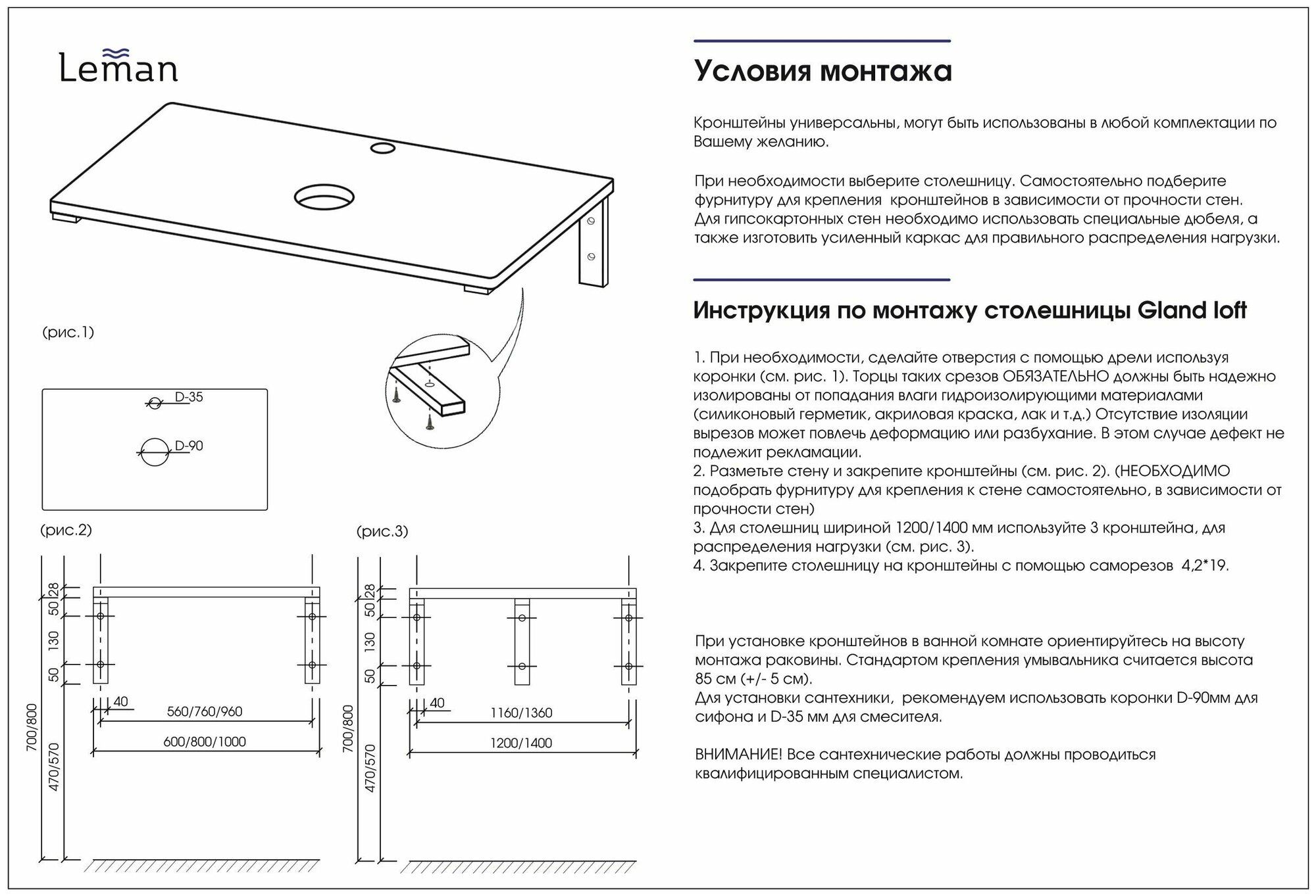 Набор кронштейнов для раковины и столешницы Leman "Sten loft" чёрные, 2 шт