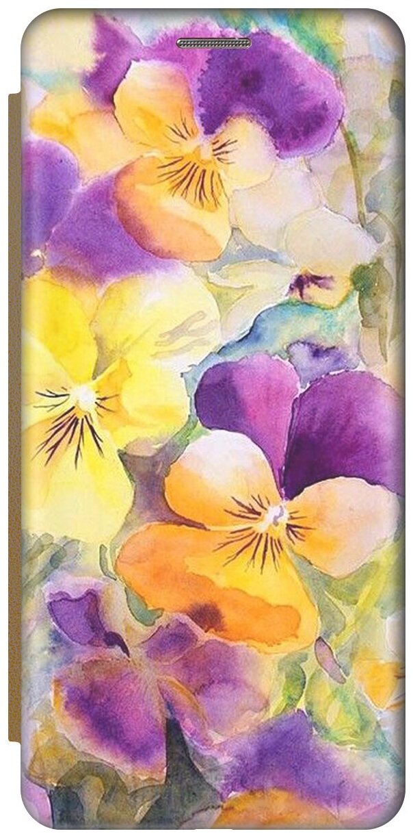 Чехол-книжка Сиреневые и желтые цветы на Samsung Galaxy Note 10 / Самсунг Ноут 10 золотой