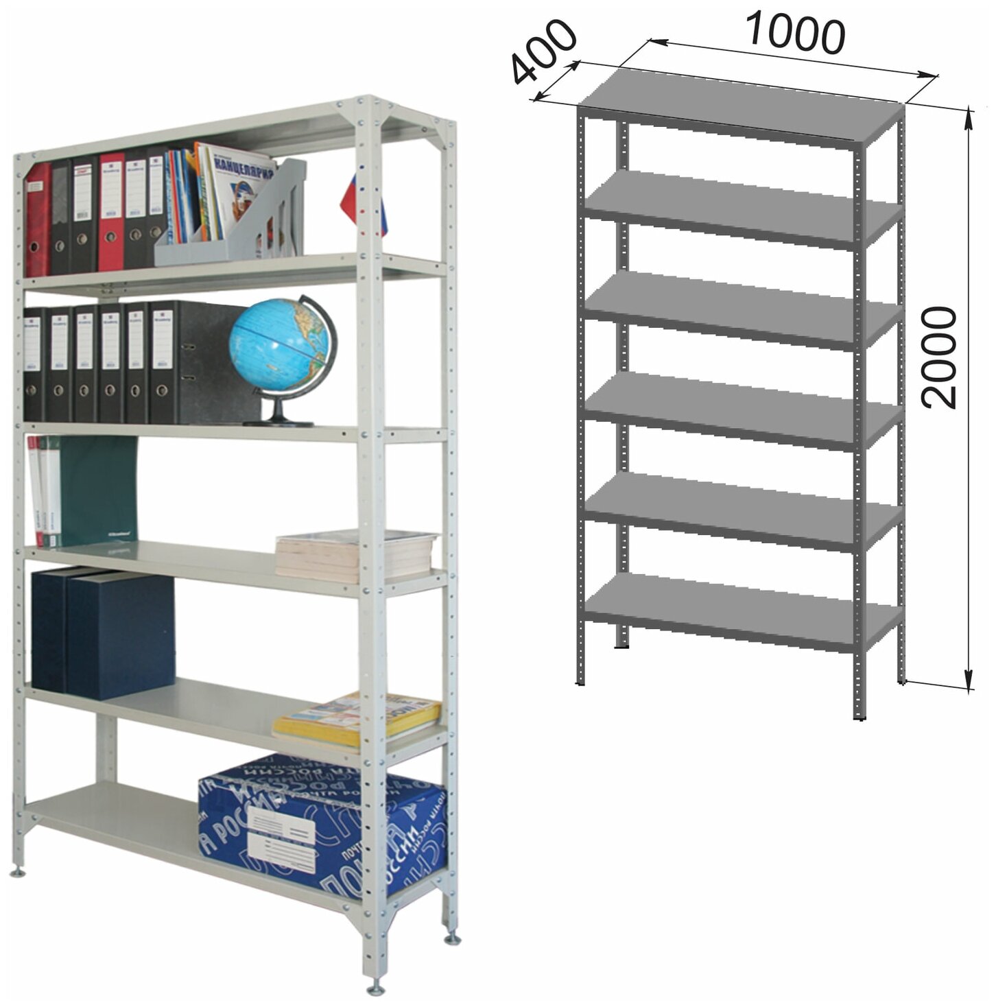 Стеллаж металлический "универсал", 2000х1000х400 мм, усиленные стойки, 6 полок, регулируемые опоры, 290349 - 1 шт.