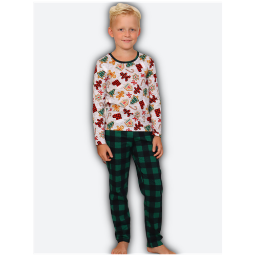 14593-30, новогодняя пижама для мальчика, пижама детская с брюками на рождество, домашняя одежда Family look
