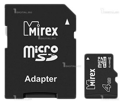 Карта памяти Mirex microSDHC 4GB Class 4 + SD адаптер (13613-ADTMSD04)