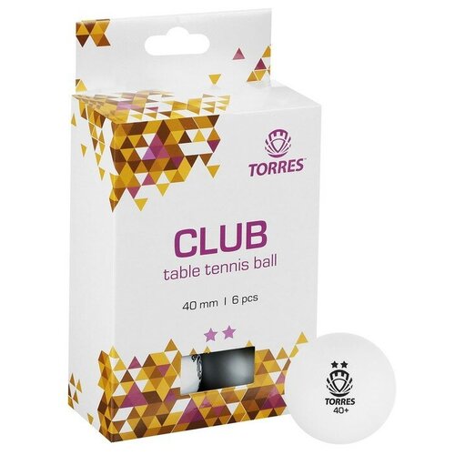 Мяч для настольного тенниса TORRES Club 2*, TT21014, диаметр 40+мм, 6 шт, цвет белый мяч для настольного тенниса torres training 1 звезда набор 6 шт цвет белый