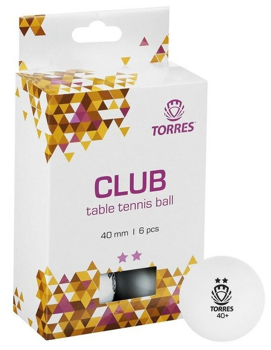 Мяч для настольного тенниса TORRES Club 2*, TT21014, диаметр 40+мм, 6 шт, цвет белый