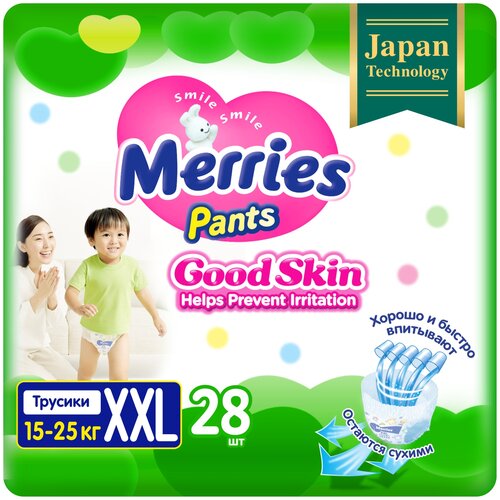 Merries Подгузники-трусики Merries Good Skin XXL 15-25кг, 28 шт., 28 уп.