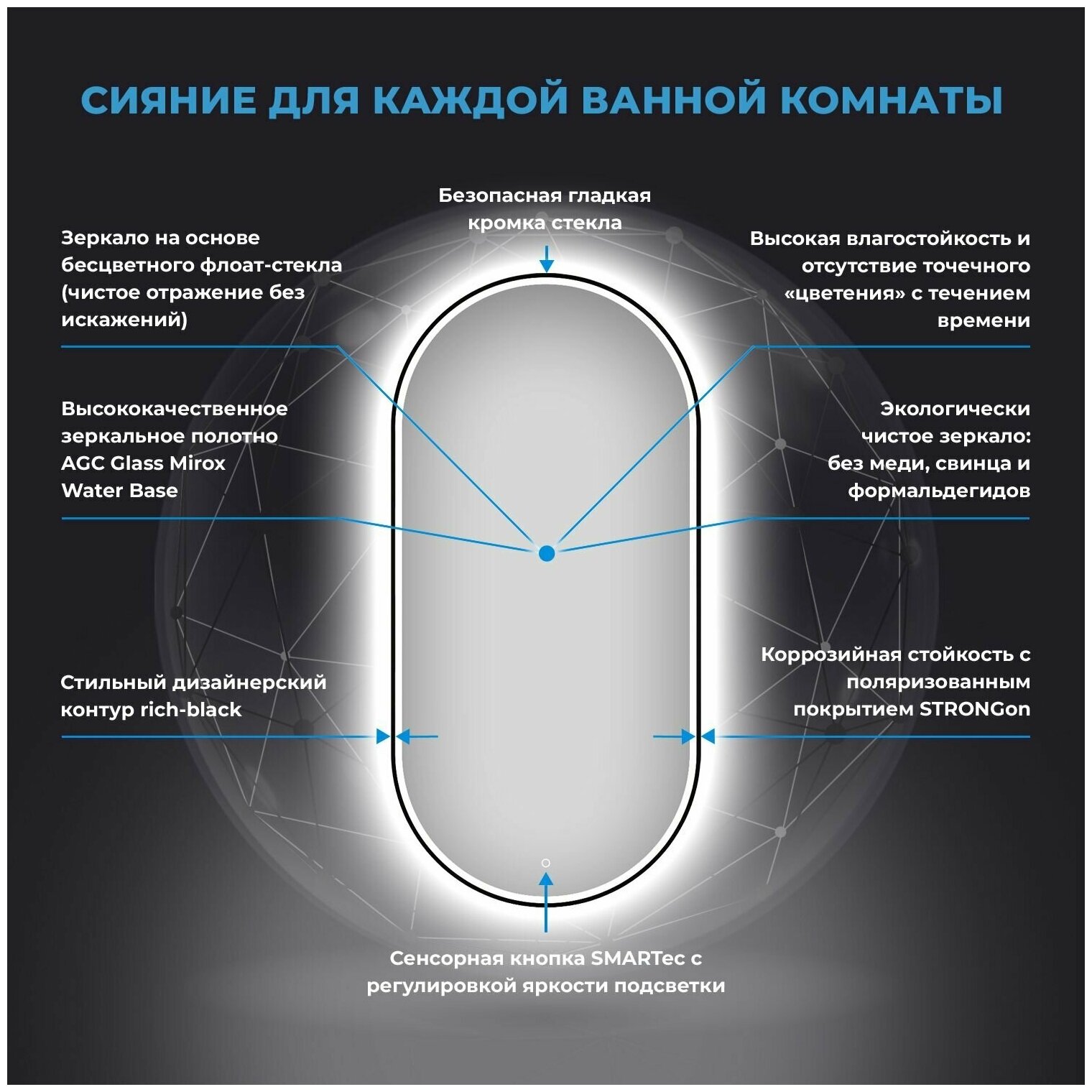 Настенное зеркало в ванную с подсветкой для макияжа Wellsee 7 Rays' Spectrum 172202050 : влагостойкое зеркало 60х120 см с черным матовым контуром - фотография № 3