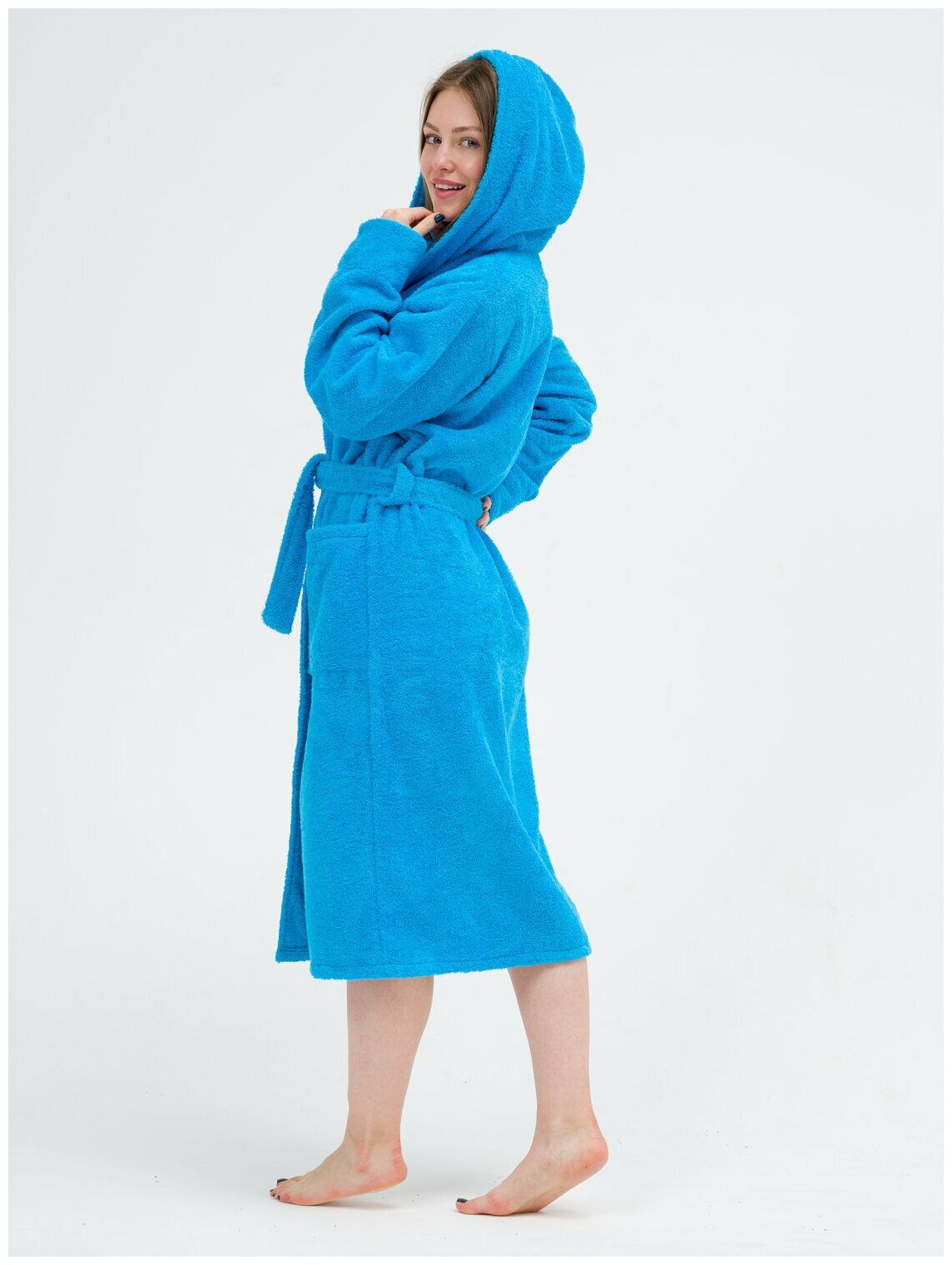Халат махровый женский с капюшоном BIO-TEXTILES 44-46 голубой домашний банный для беременных в роддом больших размеров в подарок гостиничный - фотография № 4