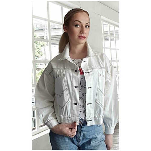 фото Ветровка джинсовая куртка женская ветровка бомбер хлопок укороченная весна осень легкая удлиненная свободная рубашка джинсовка тонкая на лето модная ветровка летняя короткая оверсайз распродажа молодежь бомбер хб длинная из денима весенняя, размер freesize, белый bgt