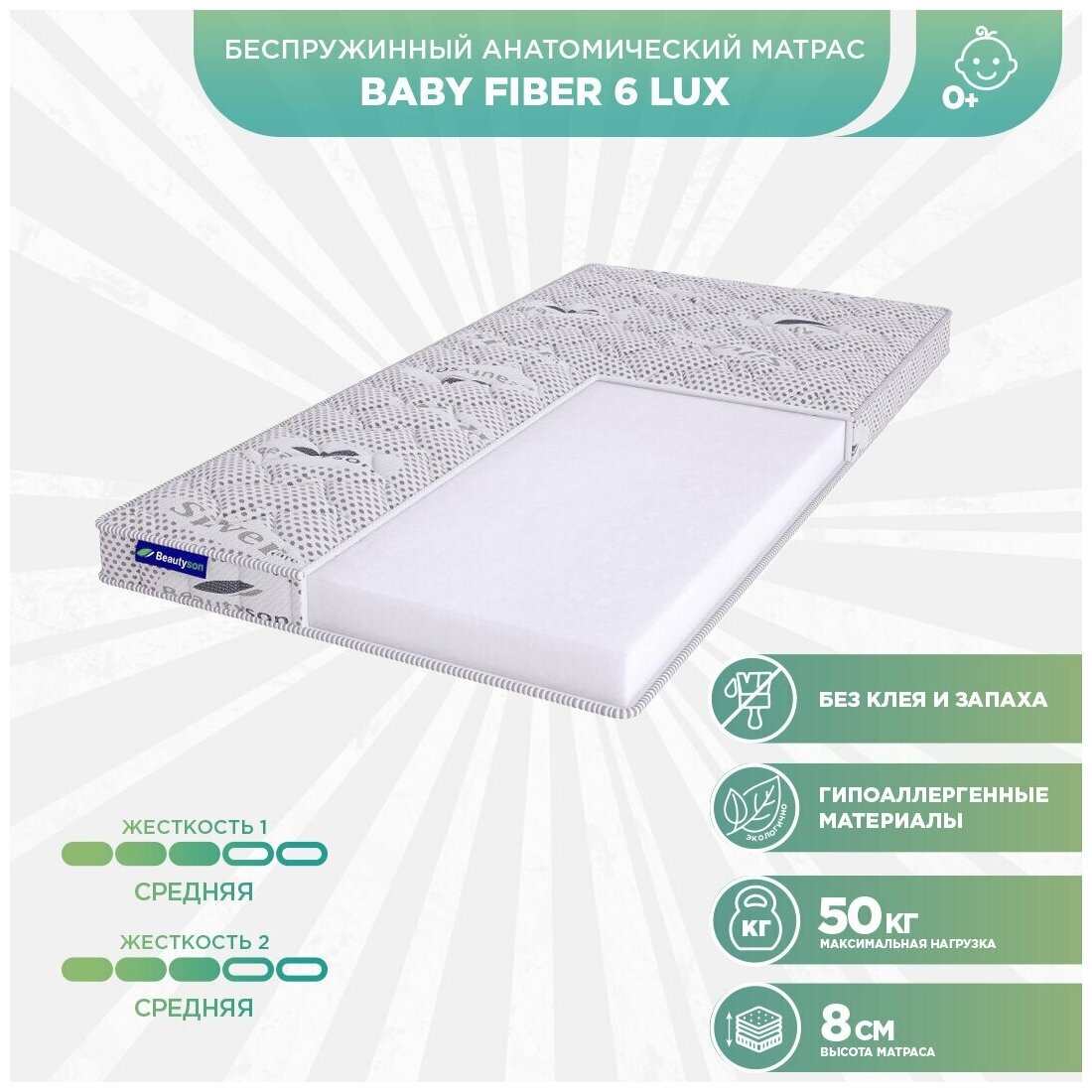 Матрас детский беспружинный Beautyson Baby Fiber 6 LUX 60x120 (Белый), без клея и запаха