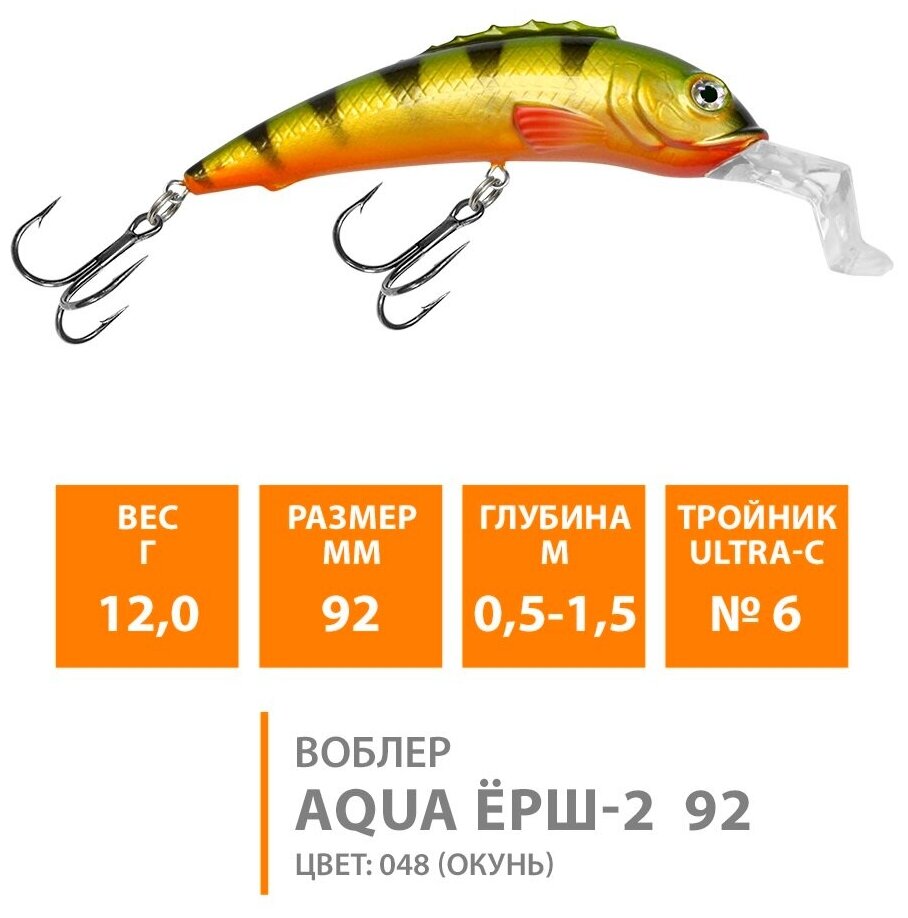 Воблер для рыбалки плавающий AQUA Ерш-2 92mm 12g заглубление от 0.5 до 1.5m цвет 048