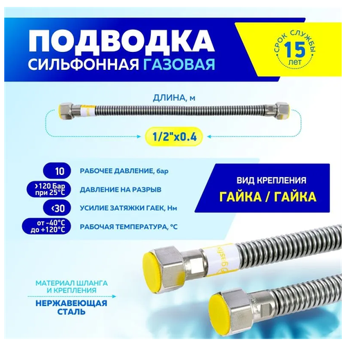 Шланг, подводка для газовых систем Thermofix 1/2 0,4 метра, Гайка-гайка, 1 шт. шланг подводка для газовых систем thermofix 1 2 4 метра гайка шайба 1 шт