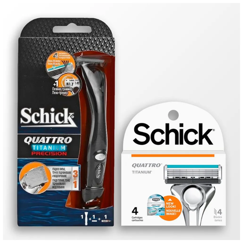 quattro titanium сменные кассеты 4 шт станок c 1 кас SCHICK QUATTRO Titanium Precision Бритвенный станок c 1 кассетой и триммером + сменные кассеты QUATTRO Titanium 4 шт.