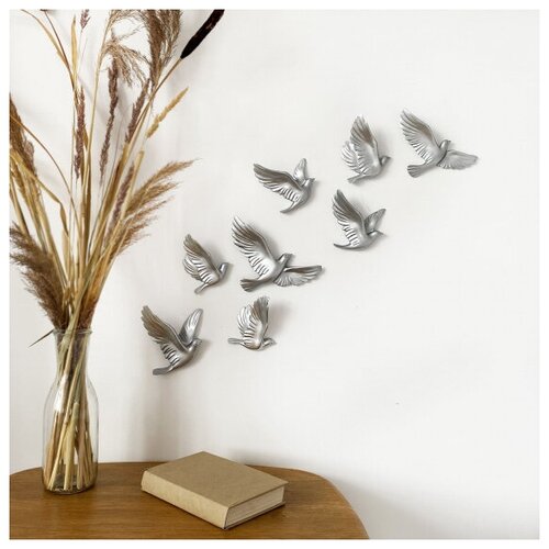 Набор настенных птиц голуби для декора спальни, гостиной, детской ( цвет Серебро)