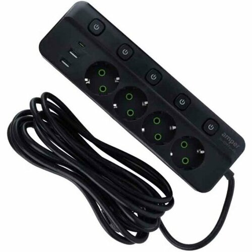 Сетевой удлинитель с USB Amper JH-1097U-4B 4 розетки, 2usb, 1Type-C, 4кн, 2500 Вт, 10А, 4,0м, 3*0,75мм, черный.