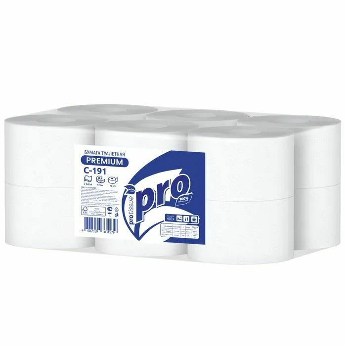Туалетная бумага 2 сл. PROtissue 170м, 12 рулонов, 100% целлюлоза (C191)