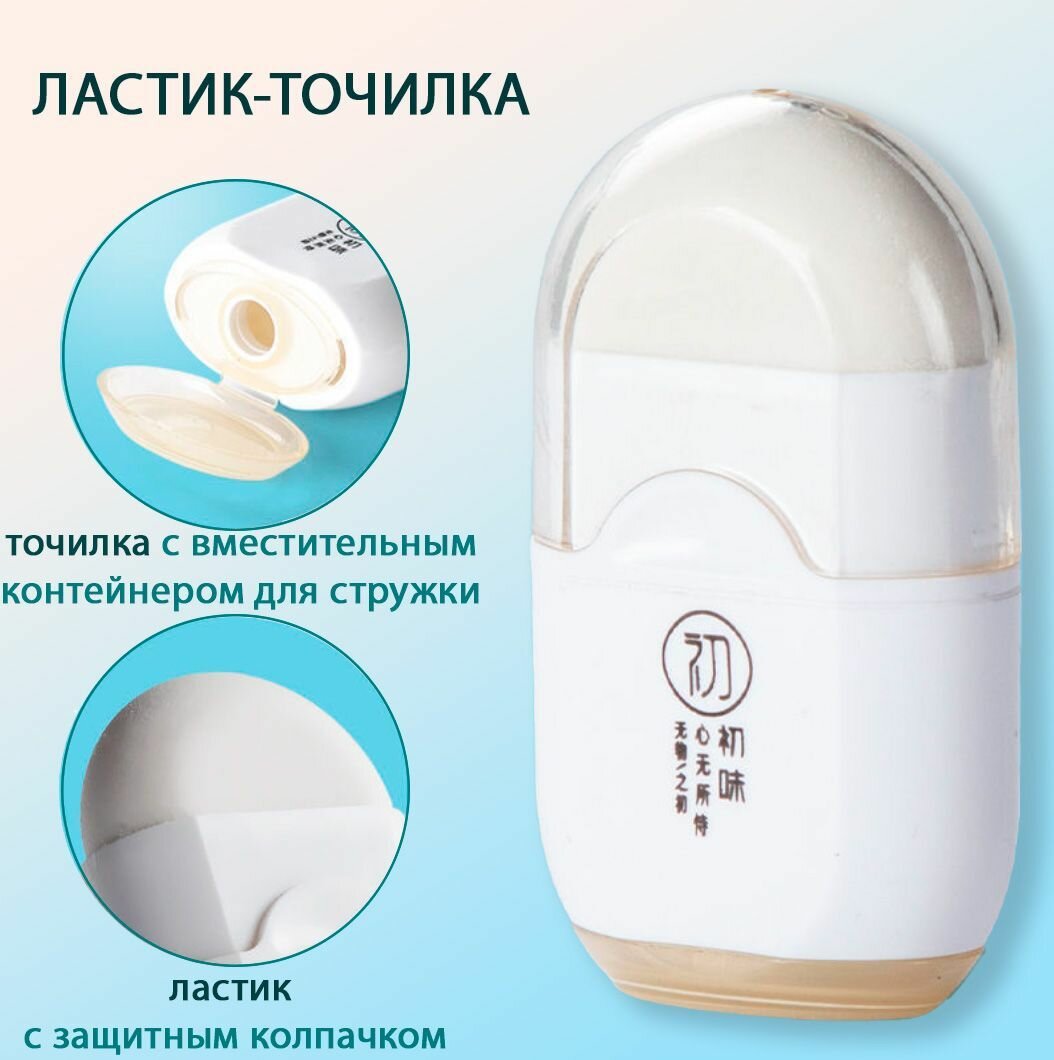 Ластик-точилка 2в1, одно отверстие под карандаш, с ластиком в корпусе, прозрачный