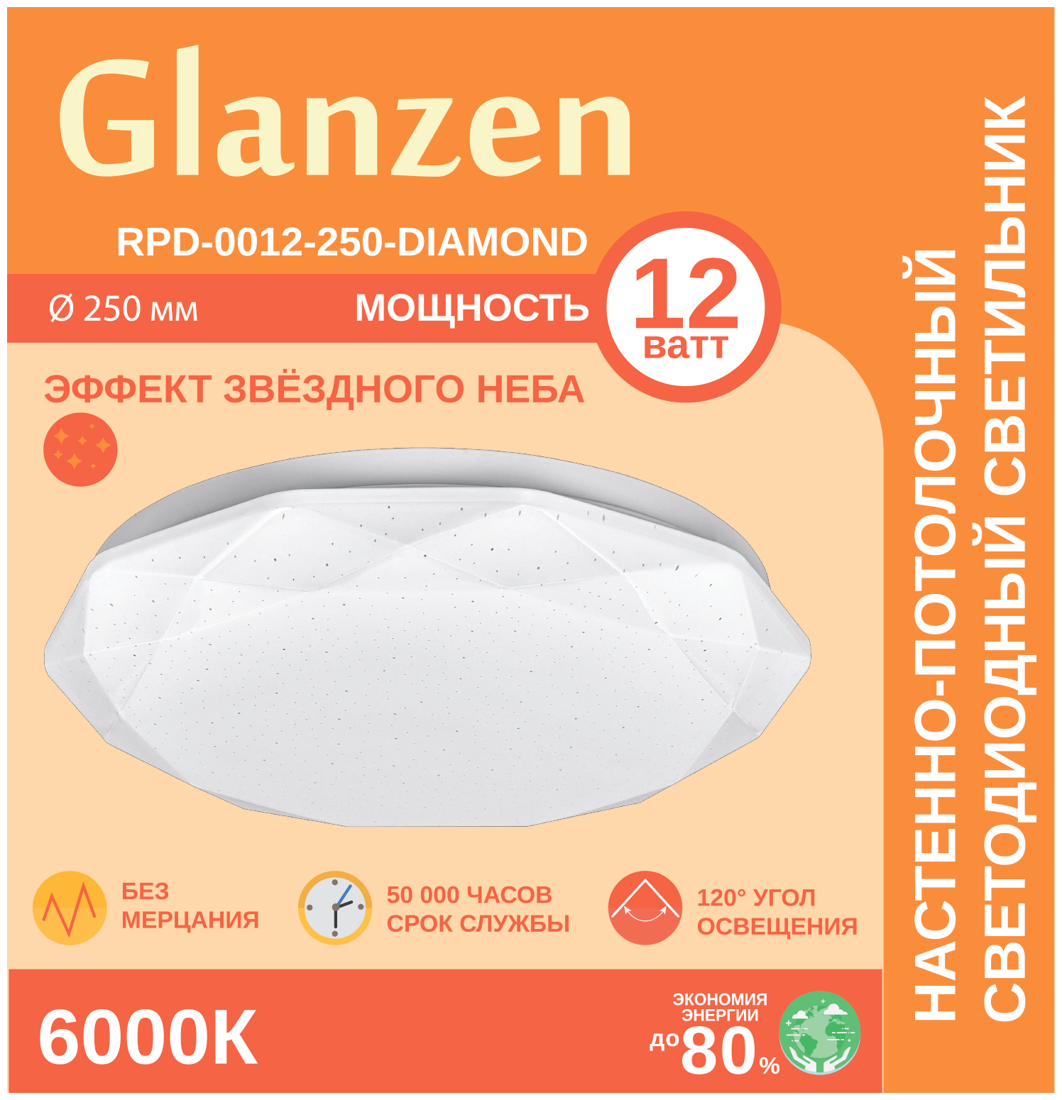 Светодиодный настенно-потолочный светильник GLANZEN 12Вт RPD-0012-250-DIAMOND IP20 6000К