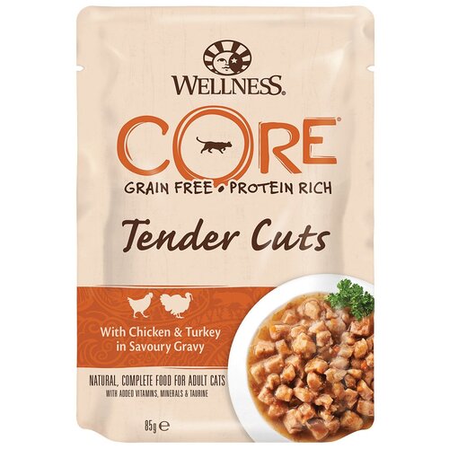 Wellness CORE Tender Cuts паучи для кошек из курицы с индейкой в виде нарезки в соусе 85г х 8 шт