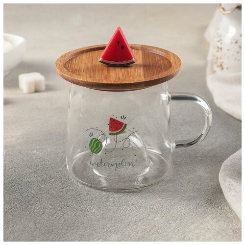 Чашка для чая, кружка стеклянная с деревянной крышкой 