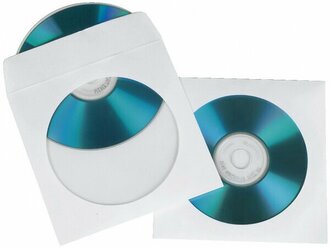 Конверт бумажный с окном и клейкой лентой 50шт для CD-DVD-BD на 1 компакт-диск, 12,5 x 12,5 см, Белый