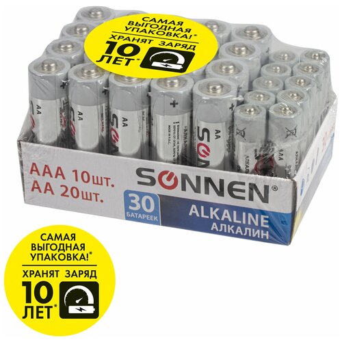 Батарея SONNEN Alkaline, комплект 30 (20+10) шт, AA (LR06/15А), 1.5V, 30 шт батарейки sonnen комплект 30 шт alkaline aa ааа lr6 lr03 в коробке 455097