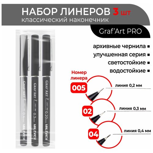 Комплект капиллярных ручек Малевичъ GrafArt PRO / набор 3шт: 01, 03, 08 / ручка для скетчинга / ручка для рисования