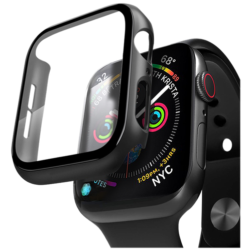 Deppa со стеклом для Apple Watch 4/5/6/SE/6/SE series, черный защитный пластиковый чехол кейс apple watch series 4 se 6 5 40 мм для экрана дисплея и корпуса противоударный бампер сиреневый лавандовый