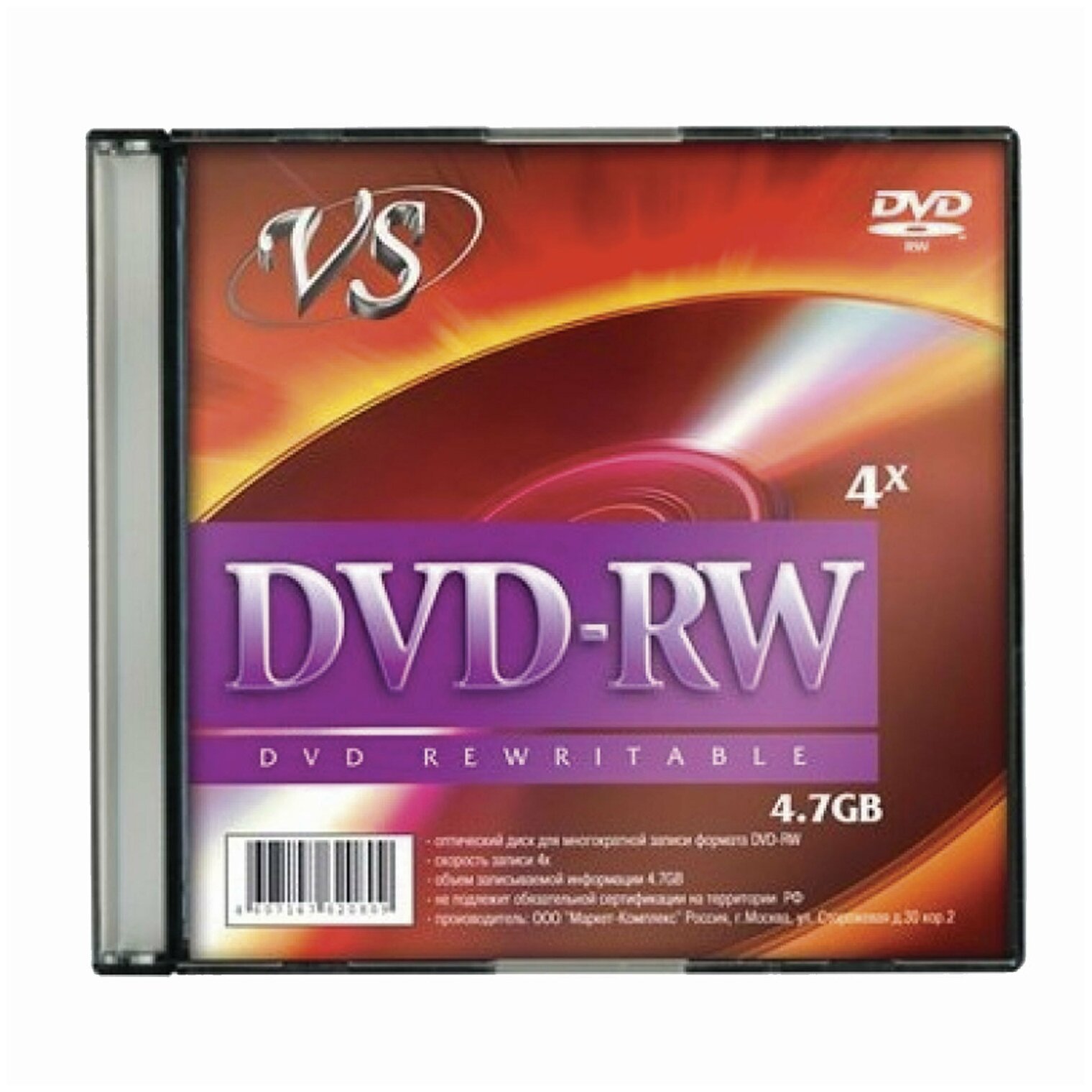 Диск DVD-RW, VS, 4,7 Gb, 4 x Slim Case, 1 штука, VSDVDRWSL01 - 1 шт.