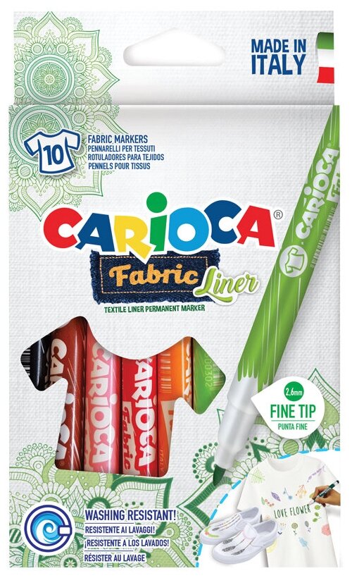 Набор фломастеров для ткани 10 цветов Carioca "Fabric Liner", 1 упаковка