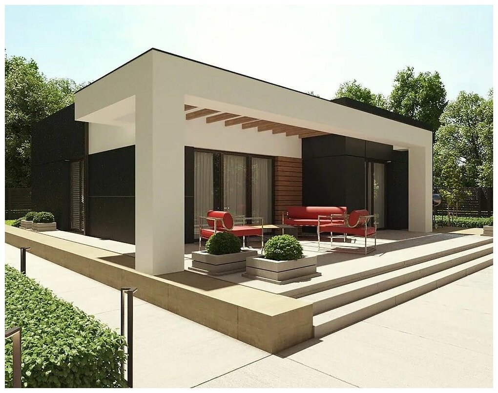 (86м2, 11х11м) Готовый проект одноэтажного дома из газобетона с котельной и панорамными окнами - AS-2592