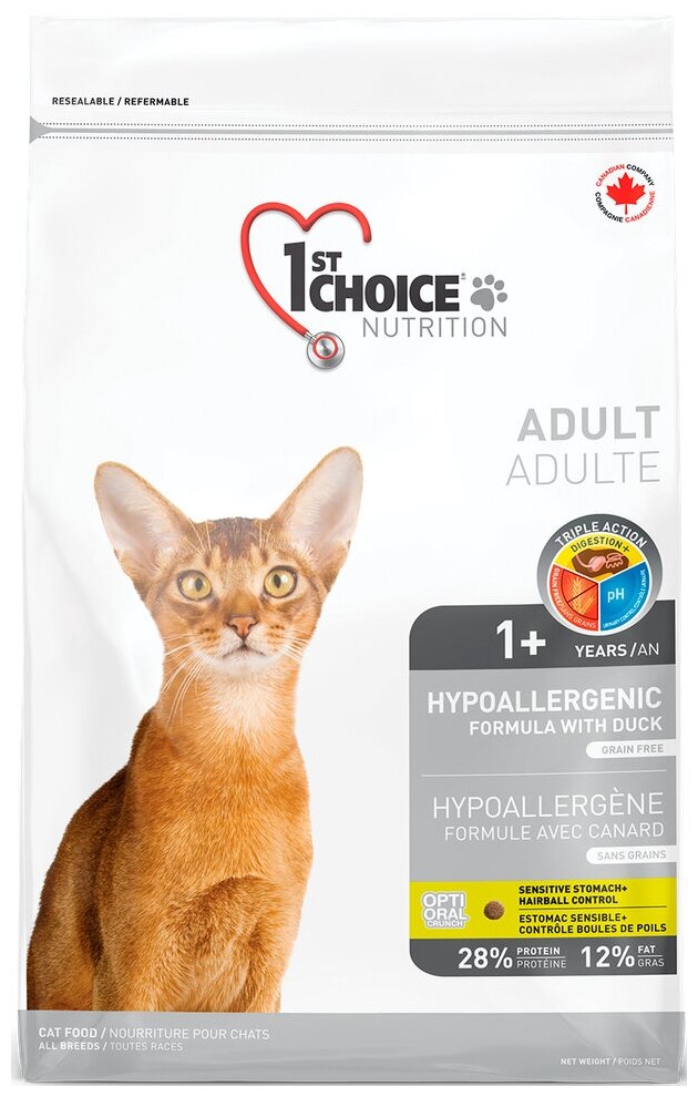 Корм 1st Choice Grain Free Hypoallergenic для кошек, гипоаллергенный, c уткой и картофелем, 5.44 кг