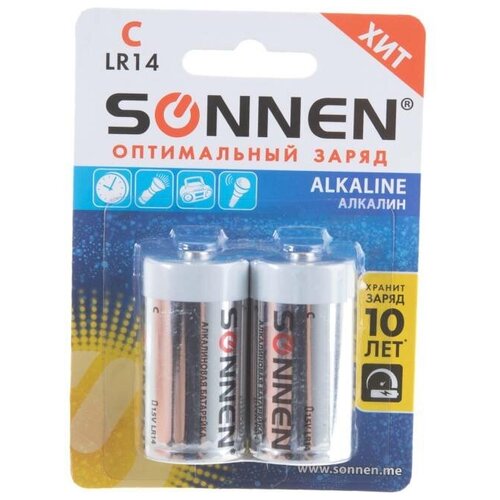 Батарейки комплект 2 шт., комплект 100 шт., SONNEN Alkaline, С (LR14, 14А), алкалиновые, блистер, 451090