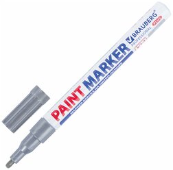 Маркер краска лаковый paint marker 2 мм строительный серебряный, фломастер, нитро основа, алюминиевый корпус, Brauberg Proffessional Plus, 151442